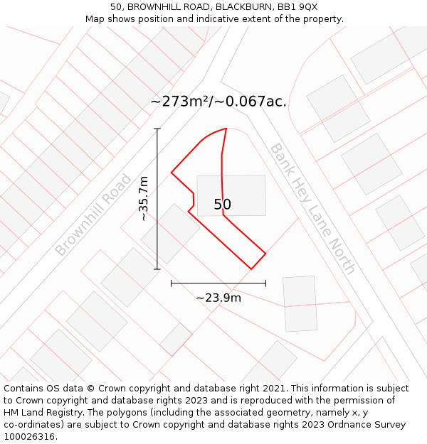 50, BROWNHILL ROAD, BLACKBURN, BB1 9QX: Plot and title map