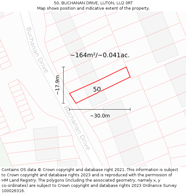 50, BUCHANAN DRIVE, LUTON, LU2 0RT: Plot and title map