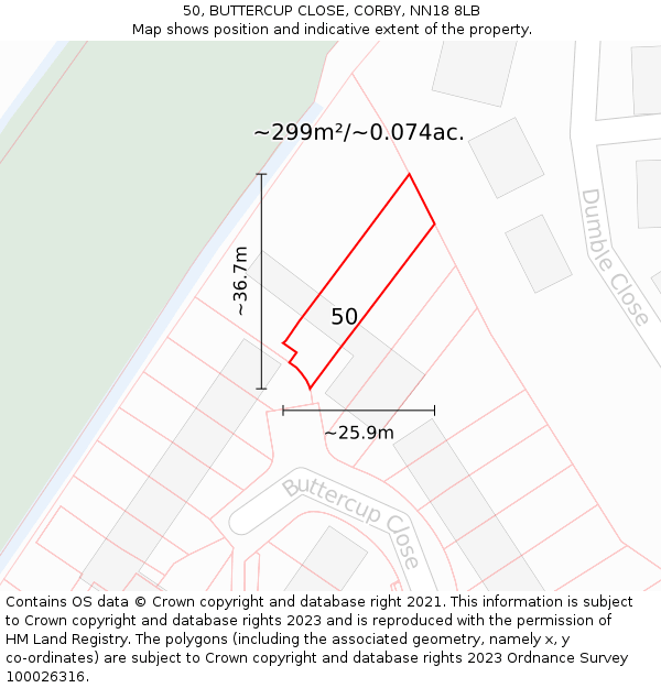 50, BUTTERCUP CLOSE, CORBY, NN18 8LB: Plot and title map