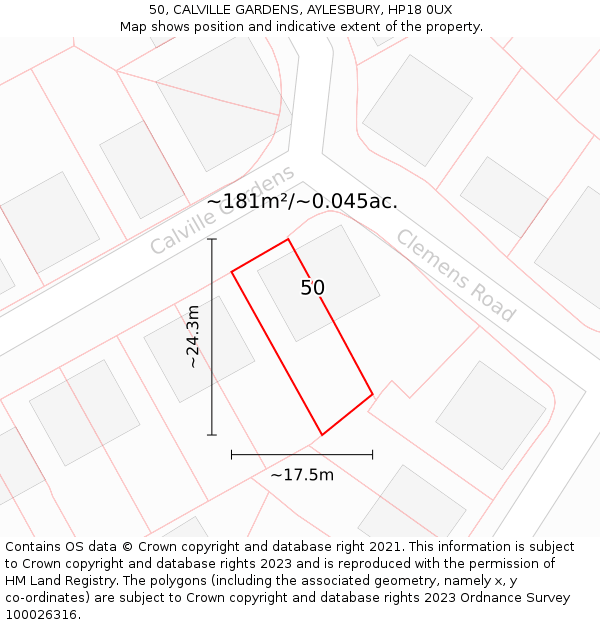 50, CALVILLE GARDENS, AYLESBURY, HP18 0UX: Plot and title map