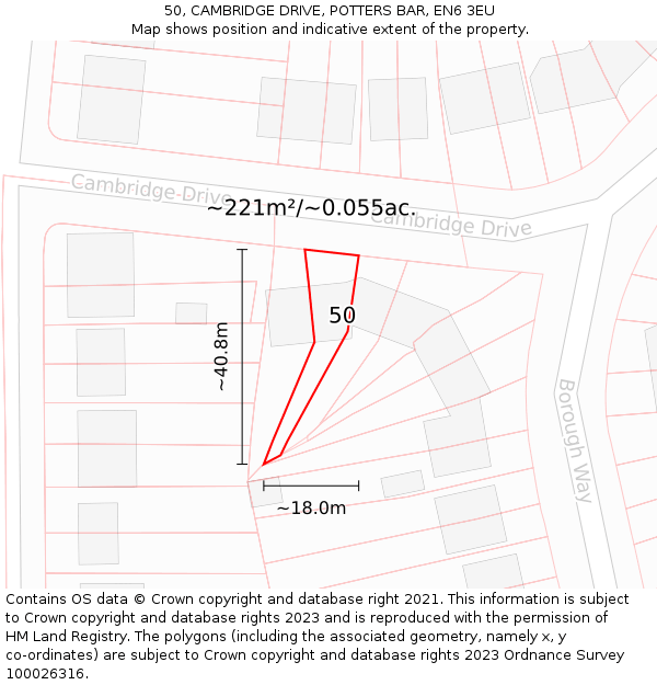 50, CAMBRIDGE DRIVE, POTTERS BAR, EN6 3EU: Plot and title map