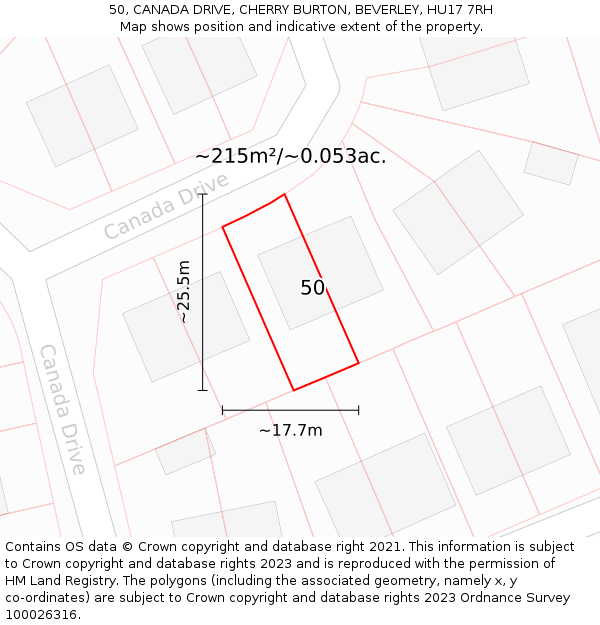 50, CANADA DRIVE, CHERRY BURTON, BEVERLEY, HU17 7RH: Plot and title map