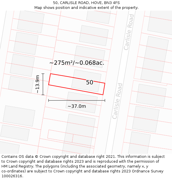 50, CARLISLE ROAD, HOVE, BN3 4FS: Plot and title map