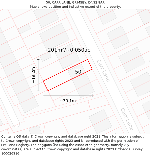 50, CARR LANE, GRIMSBY, DN32 8AR: Plot and title map