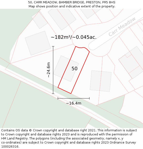 50, CARR MEADOW, BAMBER BRIDGE, PRESTON, PR5 8HS: Plot and title map