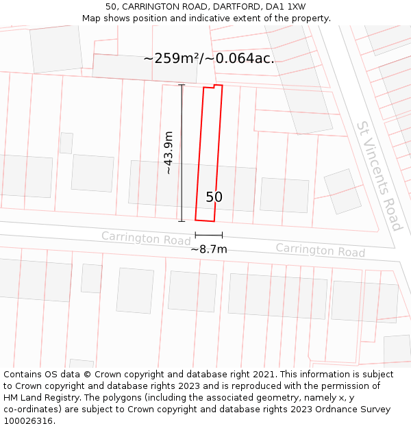 50, CARRINGTON ROAD, DARTFORD, DA1 1XW: Plot and title map
