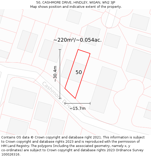 50, CASHMORE DRIVE, HINDLEY, WIGAN, WN2 3JP: Plot and title map