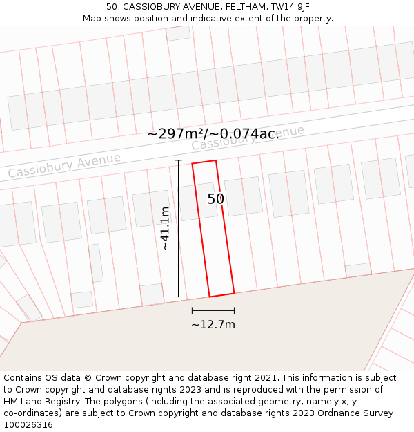 50, CASSIOBURY AVENUE, FELTHAM, TW14 9JF: Plot and title map
