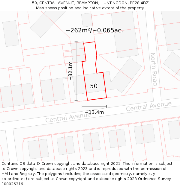 50, CENTRAL AVENUE, BRAMPTON, HUNTINGDON, PE28 4BZ: Plot and title map