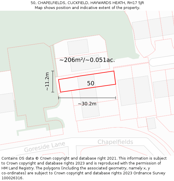 50, CHAPELFIELDS, CUCKFIELD, HAYWARDS HEATH, RH17 5JR: Plot and title map