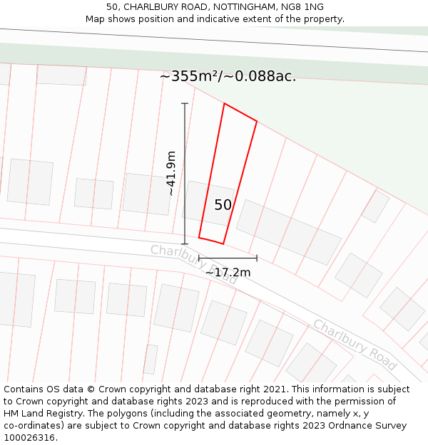 50, CHARLBURY ROAD, NOTTINGHAM, NG8 1NG: Plot and title map