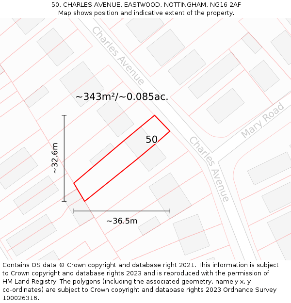 50, CHARLES AVENUE, EASTWOOD, NOTTINGHAM, NG16 2AF: Plot and title map