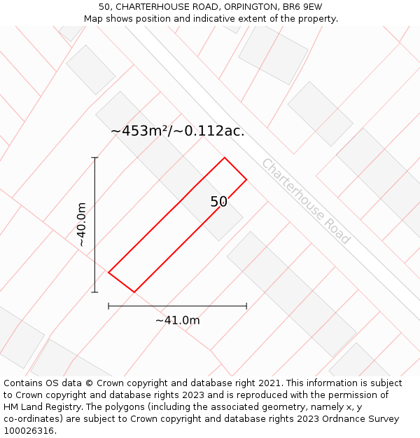 50, CHARTERHOUSE ROAD, ORPINGTON, BR6 9EW: Plot and title map