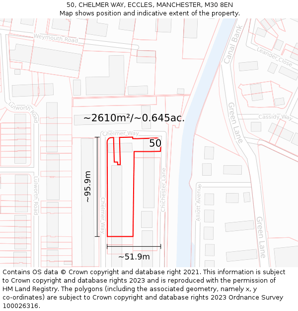 50, CHELMER WAY, ECCLES, MANCHESTER, M30 8EN: Plot and title map