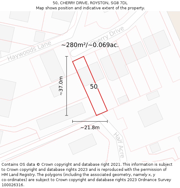 50, CHERRY DRIVE, ROYSTON, SG8 7DL: Plot and title map