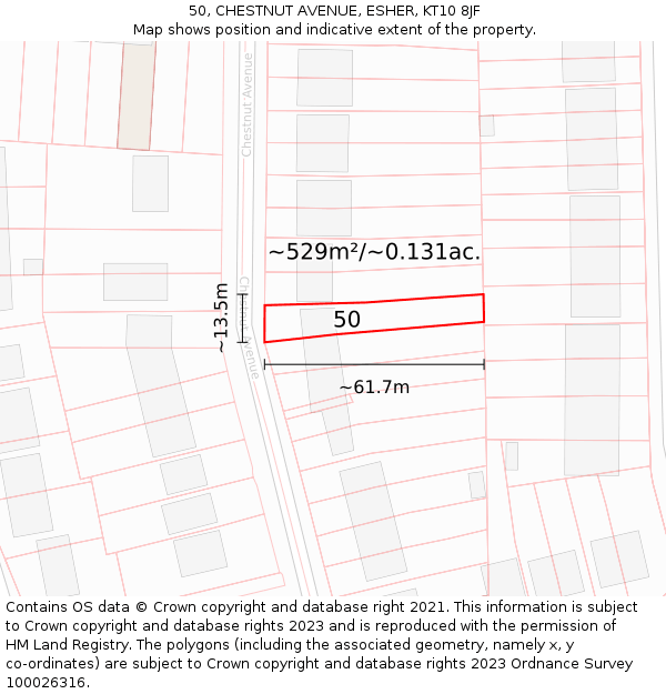 50, CHESTNUT AVENUE, ESHER, KT10 8JF: Plot and title map