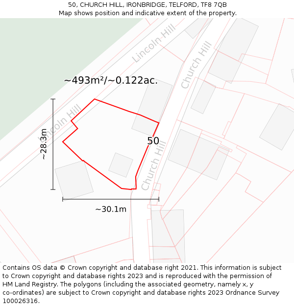 50, CHURCH HILL, IRONBRIDGE, TELFORD, TF8 7QB: Plot and title map