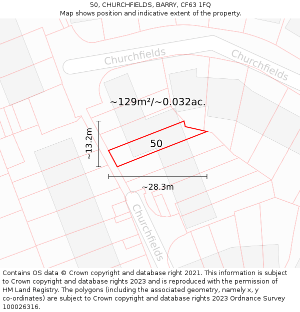 50, CHURCHFIELDS, BARRY, CF63 1FQ: Plot and title map