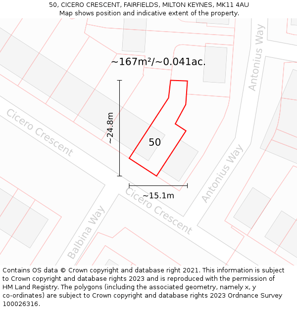 50, CICERO CRESCENT, FAIRFIELDS, MILTON KEYNES, MK11 4AU: Plot and title map
