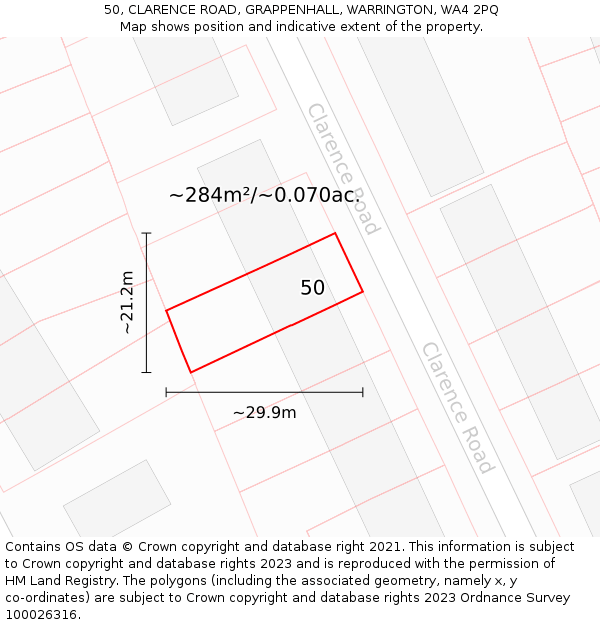 50, CLARENCE ROAD, GRAPPENHALL, WARRINGTON, WA4 2PQ: Plot and title map