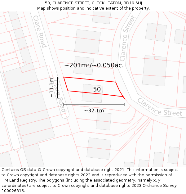 50, CLARENCE STREET, CLECKHEATON, BD19 5HJ: Plot and title map