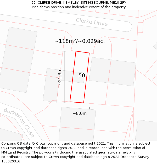 50, CLERKE DRIVE, KEMSLEY, SITTINGBOURNE, ME10 2RY: Plot and title map