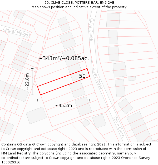 50, CLIVE CLOSE, POTTERS BAR, EN6 2AE: Plot and title map