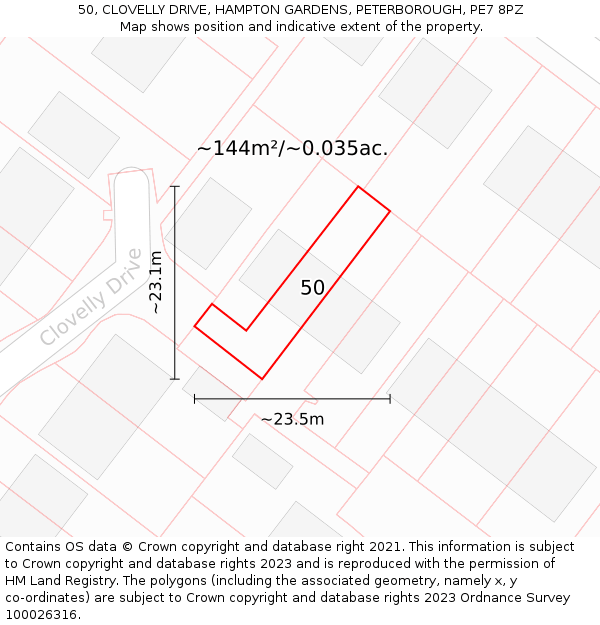50, CLOVELLY DRIVE, HAMPTON GARDENS, PETERBOROUGH, PE7 8PZ: Plot and title map