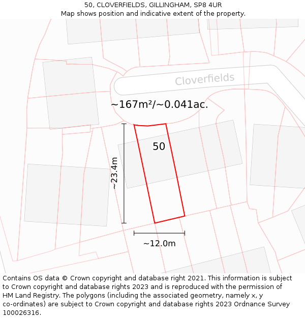 50, CLOVERFIELDS, GILLINGHAM, SP8 4UR: Plot and title map