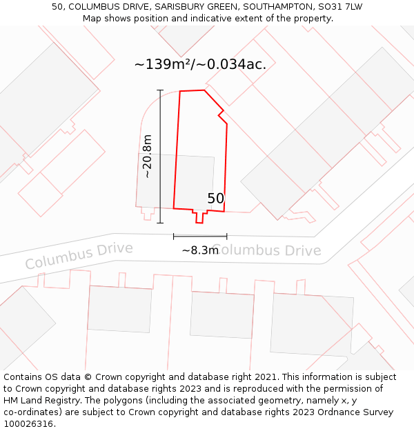 50, COLUMBUS DRIVE, SARISBURY GREEN, SOUTHAMPTON, SO31 7LW: Plot and title map