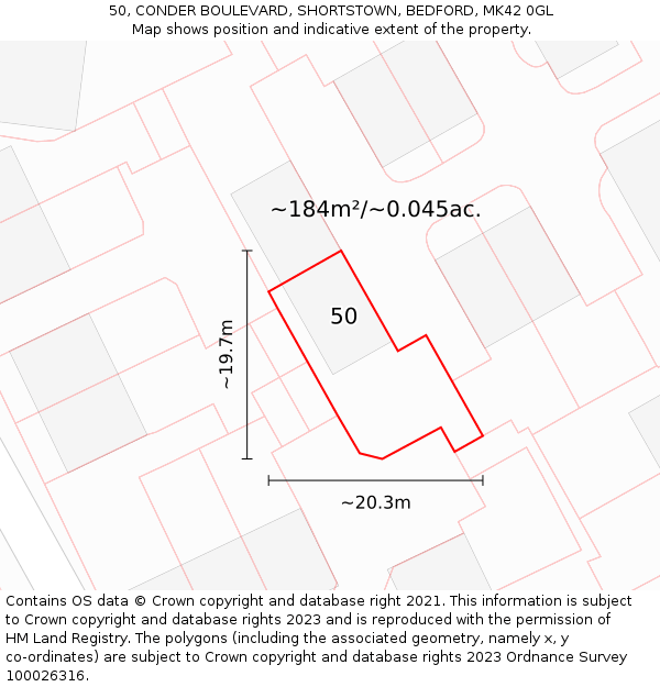 50, CONDER BOULEVARD, SHORTSTOWN, BEDFORD, MK42 0GL: Plot and title map