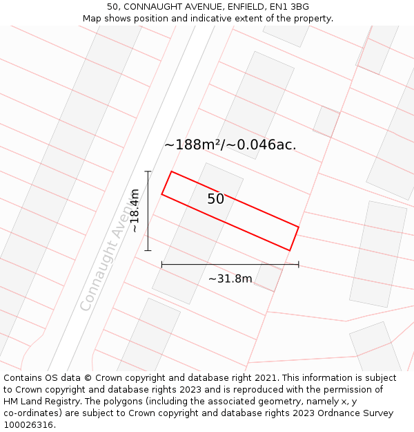 50, CONNAUGHT AVENUE, ENFIELD, EN1 3BG: Plot and title map