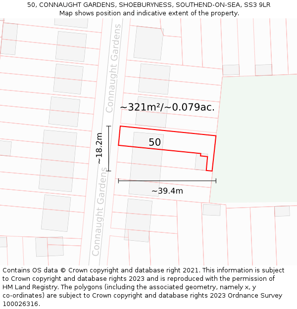50, CONNAUGHT GARDENS, SHOEBURYNESS, SOUTHEND-ON-SEA, SS3 9LR: Plot and title map