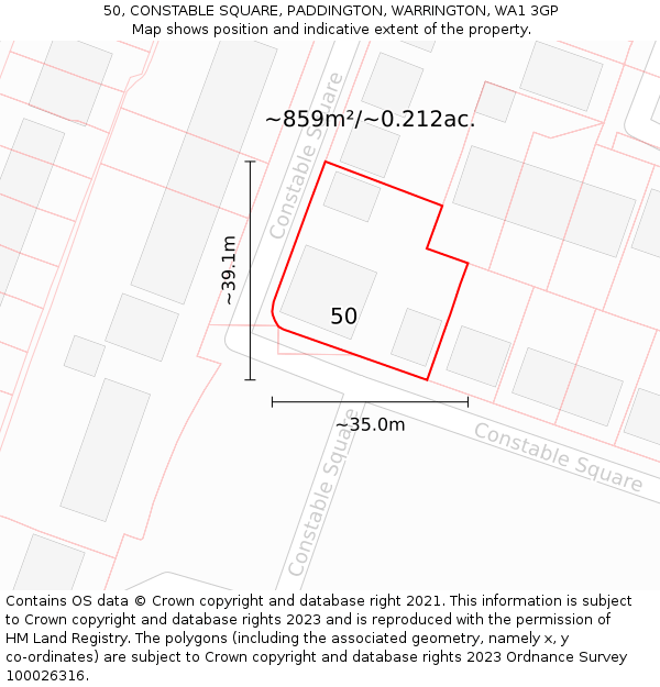 50, CONSTABLE SQUARE, PADDINGTON, WARRINGTON, WA1 3GP: Plot and title map