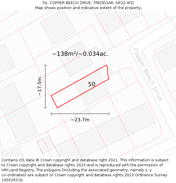 50, COPPER BEECH DRIVE, TREDEGAR, NP22 4FD: Plot and title map