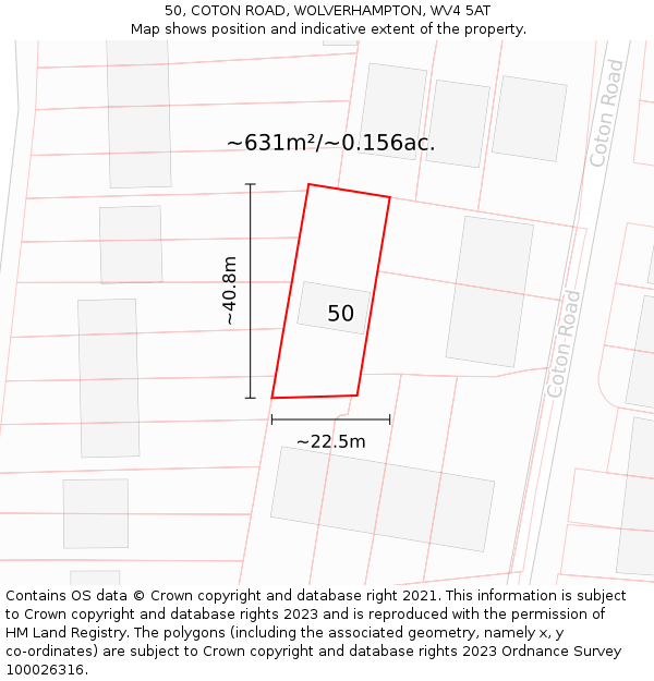 50, COTON ROAD, WOLVERHAMPTON, WV4 5AT: Plot and title map