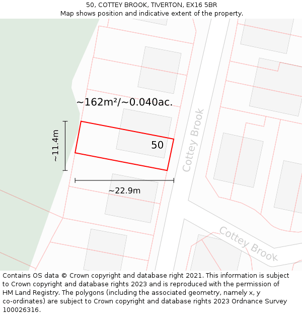 50, COTTEY BROOK, TIVERTON, EX16 5BR: Plot and title map
