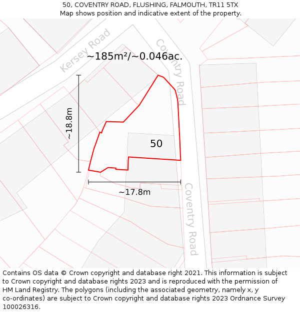 50, COVENTRY ROAD, FLUSHING, FALMOUTH, TR11 5TX: Plot and title map