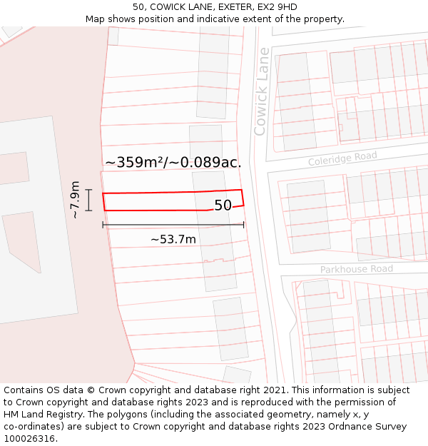 50, COWICK LANE, EXETER, EX2 9HD: Plot and title map