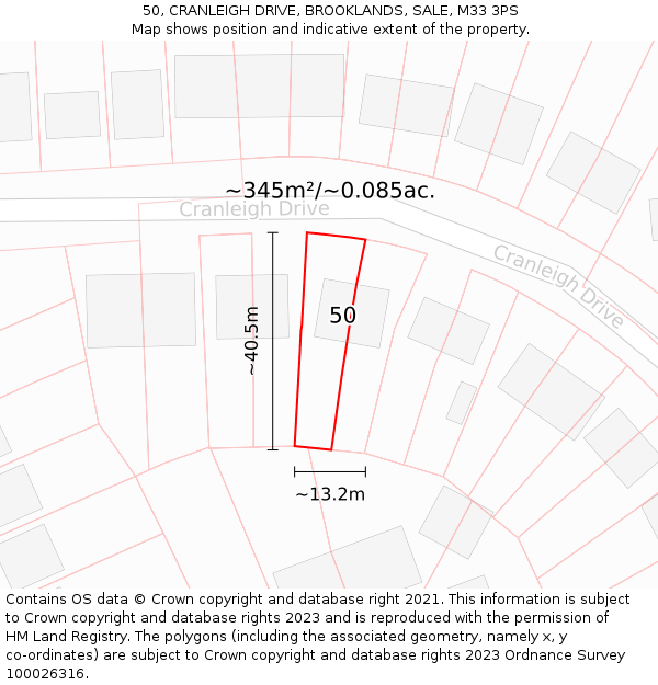 50, CRANLEIGH DRIVE, BROOKLANDS, SALE, M33 3PS: Plot and title map