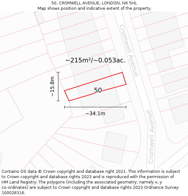 50, CROMWELL AVENUE, LONDON, N6 5HL: Plot and title map