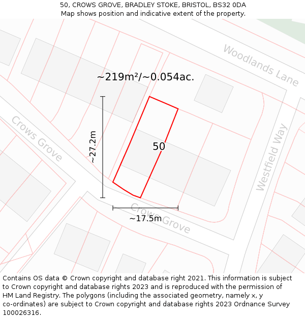 50, CROWS GROVE, BRADLEY STOKE, BRISTOL, BS32 0DA: Plot and title map