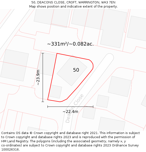 50, DEACONS CLOSE, CROFT, WARRINGTON, WA3 7EN: Plot and title map
