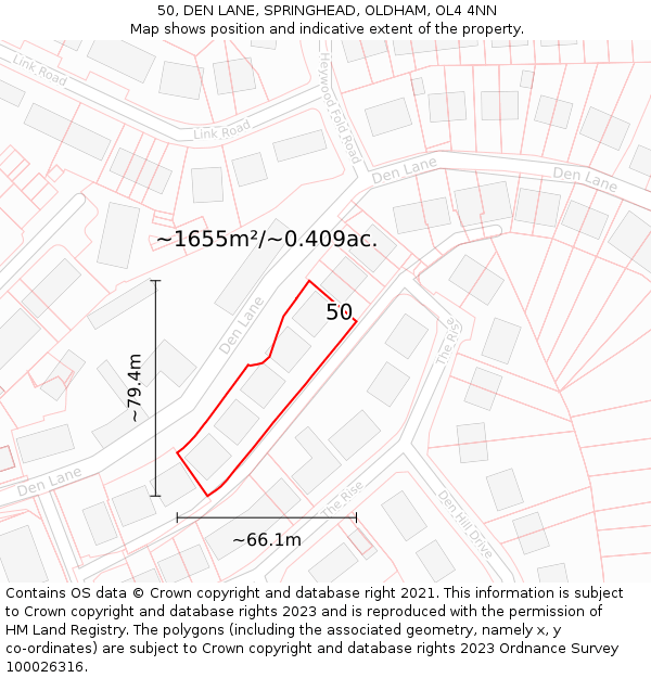 50, DEN LANE, SPRINGHEAD, OLDHAM, OL4 4NN: Plot and title map
