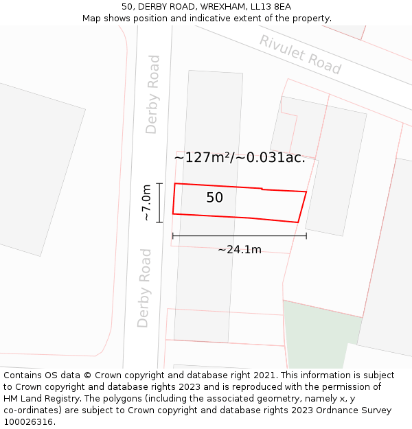 50, DERBY ROAD, WREXHAM, LL13 8EA: Plot and title map