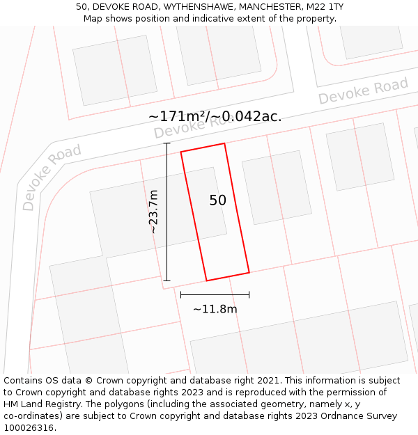 50, DEVOKE ROAD, WYTHENSHAWE, MANCHESTER, M22 1TY: Plot and title map