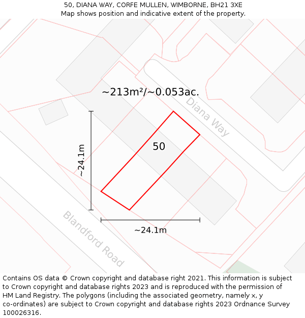 50, DIANA WAY, CORFE MULLEN, WIMBORNE, BH21 3XE: Plot and title map