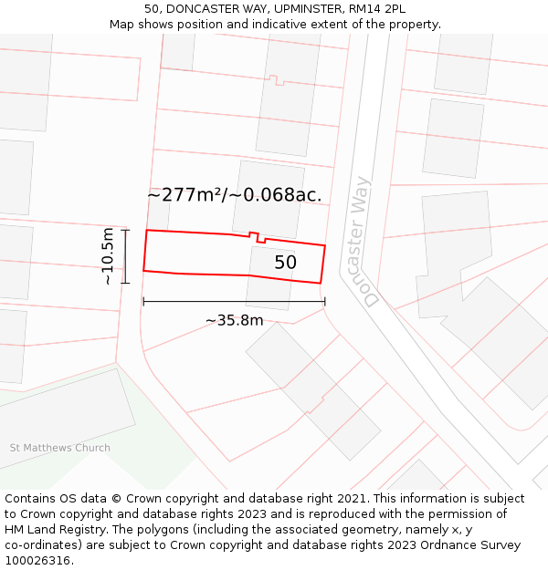 50, DONCASTER WAY, UPMINSTER, RM14 2PL: Plot and title map
