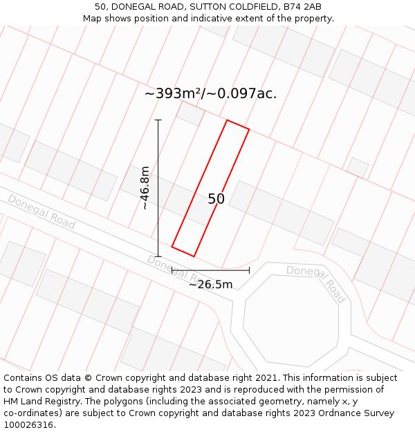 50, DONEGAL ROAD, SUTTON COLDFIELD, B74 2AB: Plot and title map