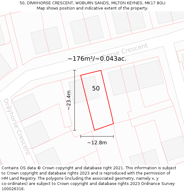 50, DRAYHORSE CRESCENT, WOBURN SANDS, MILTON KEYNES, MK17 8GU: Plot and title map